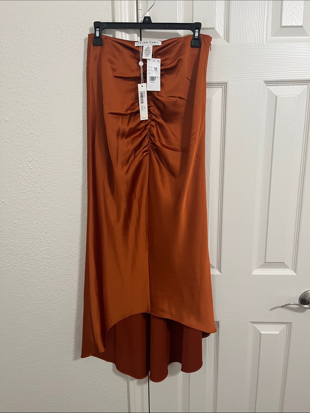 Trina Turk Copper Satin High-Low Ruched Skirt